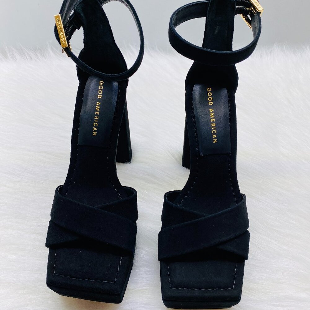 GOOD AMERICAN Suede Square Toe Platform Chunky Heels GA159K-E Black Sz 6  NEW - Picture 2 of 5
